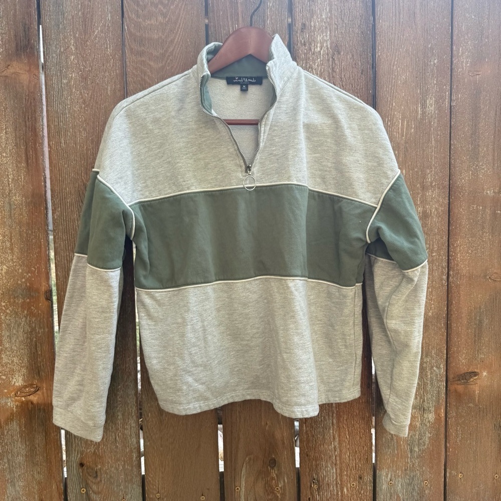 MIXED THREADS Women’s Gray Green Stripe 1/4 Zip Pullover Sweatshirt Size Medium